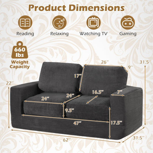 2-Seater Floor Couch Loveseat Foam Sofa with Removable Corduroy Cover-Black