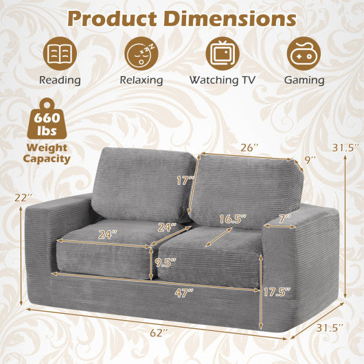 2-Seater Floor Couch Loveseat Foam Sofa with Removable Corduroy Cover-Gray