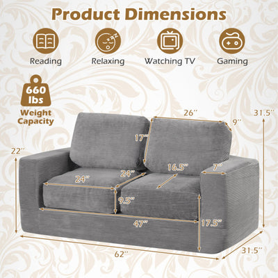 2-Seater Floor Couch Loveseat Foam Sofa with Removable Corduroy Cover-Gray