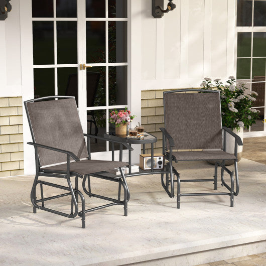 2-Seater Outdoor Glider Bench with 2-Tier Center Table-Brown