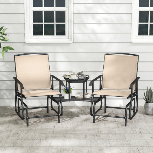 2-Seater Outdoor Glider Bench with 2-Tier Center Table-Beige