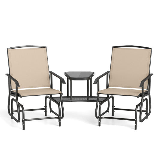 2-Seater Outdoor Glider Bench with 2-Tier Center Table-Beige