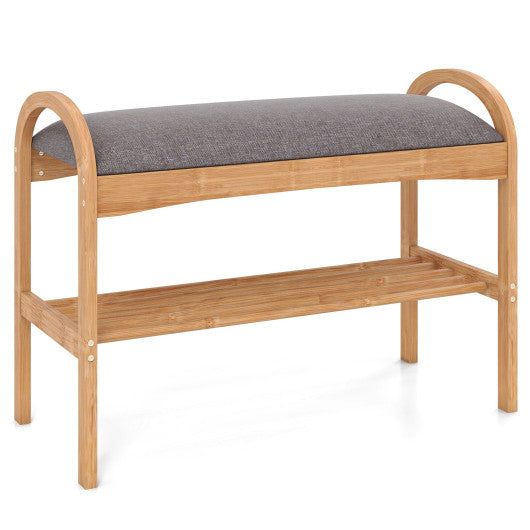 2-Tier Bamboo Shoe Bench with Padded Cushion and Shelf-Gray