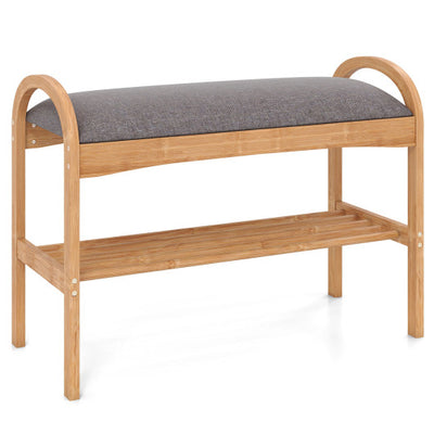 2-Tier Bamboo Shoe Bench with Padded Cushion and Shelf-Gray