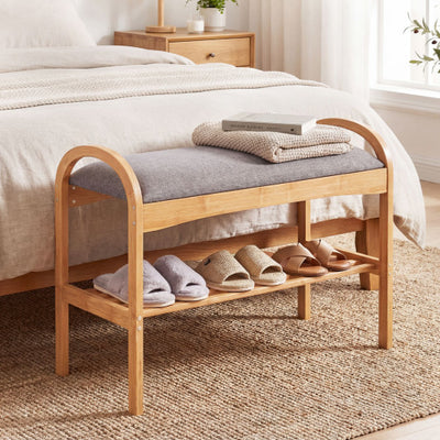 2-Tier Bamboo Shoe Bench with Padded Cushion and Shelf-Gray
