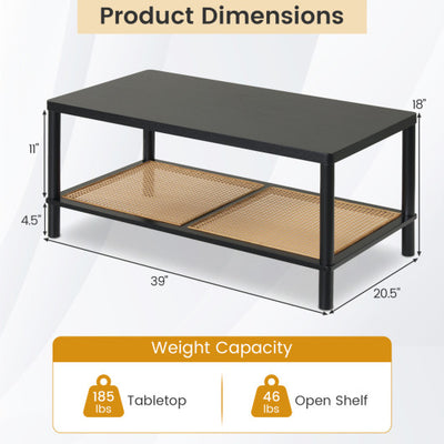 2-Tier Boho Coffee Table for Living Room Rectangular Center Table with Rubber Wood Frame and PVC Rattan Storage Shelf-Black