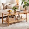 2-Tier Boho Coffee Table for Living Room Rectangular Center Table with Rubber Wood Frame and PVC Rattan Storage Shelf-Rustic Brown