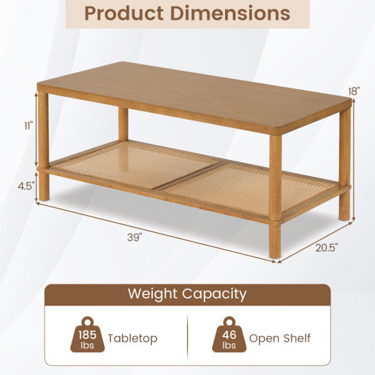 2-Tier Boho Coffee Table for Living Room Rectangular Center Table with Rubber Wood Frame and PVC Rattan Storage Shelf-Rustic Brown