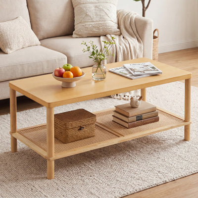 2-Tier Boho Coffee Table for Living Room Rectangular Center Table with Rubber Wood Frame and PVC Rattan Storage Shelf-Natural
