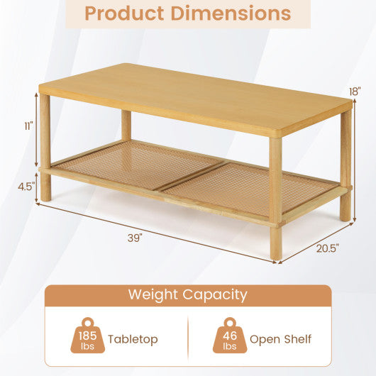 2-Tier Boho Coffee Table for Living Room Rectangular Center Table with Rubber Wood Frame and PVC Rattan Storage Shelf-Natural