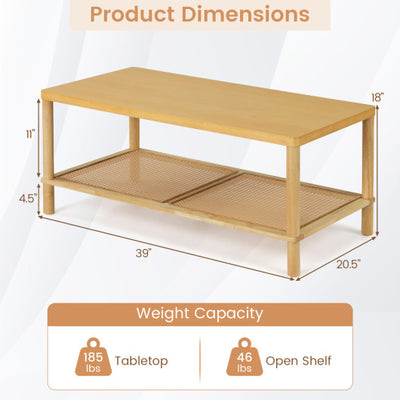 2-Tier Boho Coffee Table for Living Room Rectangular Center Table with Rubber Wood Frame and PVC Rattan Storage Shelf-Natural