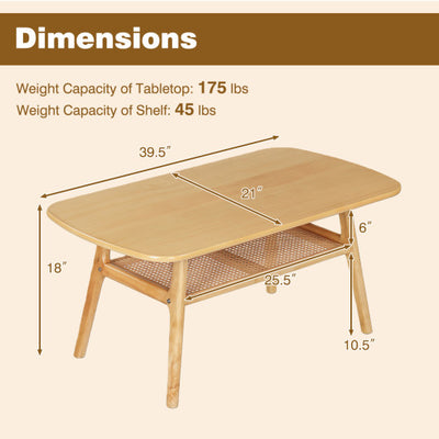 2-Tier Boho Rattan Coffee Table with Rounded Corners-Natural