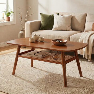 2-Tier Boho Rattan Coffee Table with Rounded Corners-Walnut