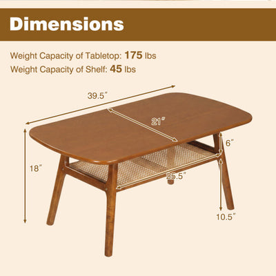 2-Tier Boho Rattan Coffee Table with Rounded Corners-Walnut