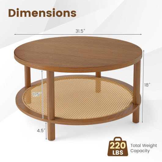 2-Tier Boho Round Rattan Coffee Table with Storage Shelf-Walnut