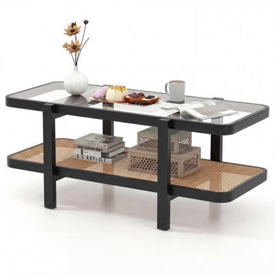 2-Tier Coffee Table with Storage and Tempered Glass Tabletop-Black