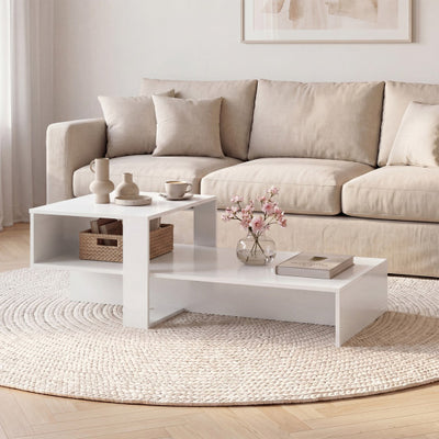 2-Tier Coffee Table Modern Irregular Center Table with Open Storage Shelf-White