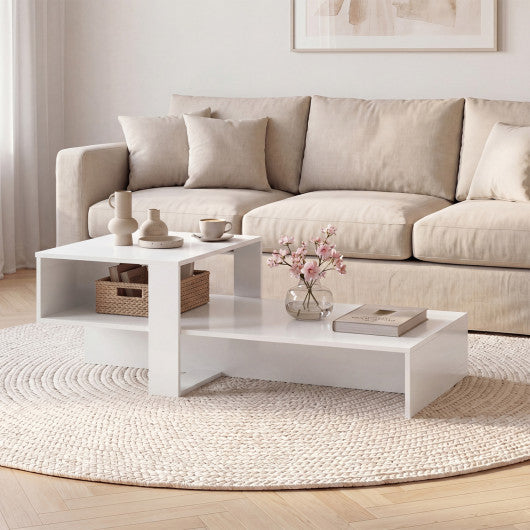 2-Tier Coffee Table Modern Irregular Center Table with Open Storage Shelf-White