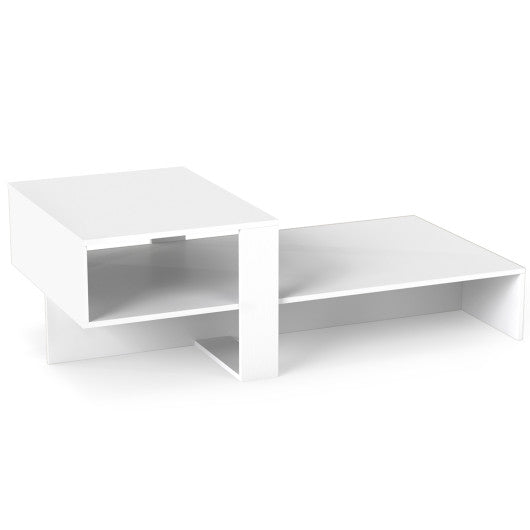 2-Tier Coffee Table Modern Irregular Center Table with Open Storage Shelf-White