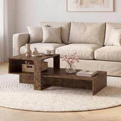 2-Tier Coffee Table Modern Irregular Center Table with Open Storage Shelf-Brown