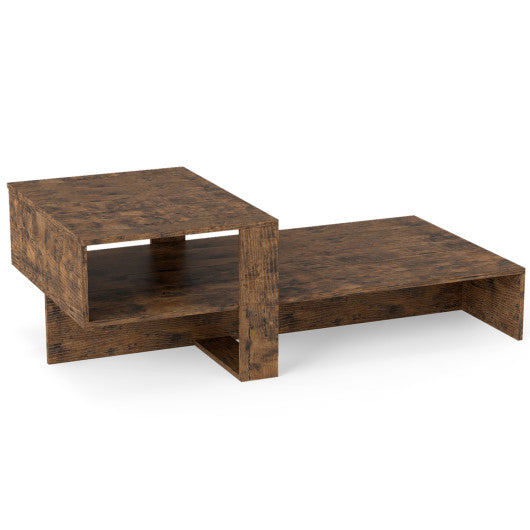 2-Tier Coffee Table Modern Irregular Center Table with Open Storage Shelf-Brown