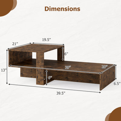 2-Tier Coffee Table Modern Irregular Center Table with Open Storage Shelf-Brown