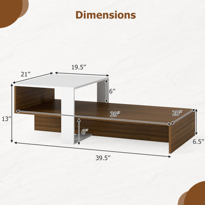 2-Tier Coffee Table Modern Irregular Center Table with Open Storage Shelf-White & Brown