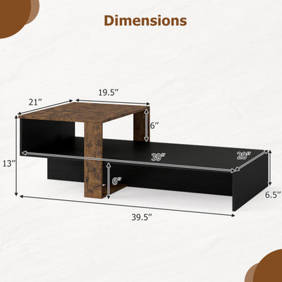 2-Tier Coffee Table Modern Irregular Center Table with Open Storage Shelf-Black & Brown