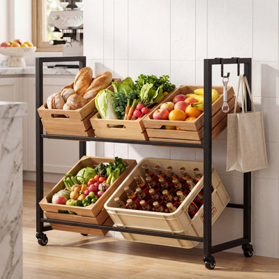 2-Tier Drink Crate Rack with 4 Universal Wheels for Beer and Water Kitchen and Bar-Black