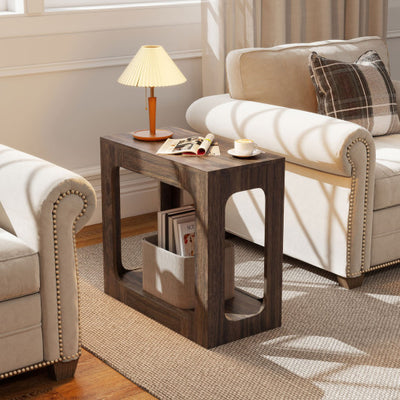 2-Tier End Table with Storage Shelf for Living Room-Walnut