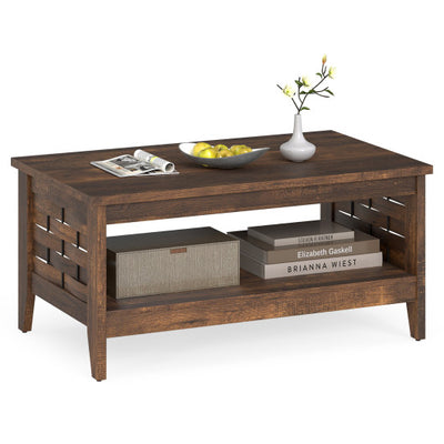 2-Tier Farmhouse Coffee Table with Open Shelf and Woven Decorations for Living Room-Rustic Brown