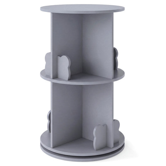 2 Tier Freestanding Kids Rotating Bookshelf Storage Rack with Bear Baffles-Gray