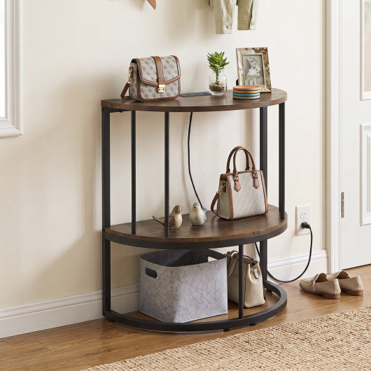 2-Tier Half Moon Console Table with Power Outlets and Storage Shel for Hallway-Rustic Brown