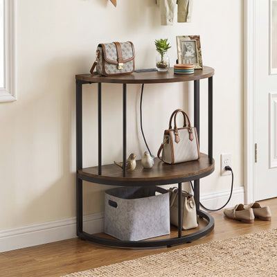 2-Tier Half Moon Console Table with Power Outlets and Storage Shel for Hallway-Rustic Brown