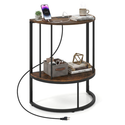2-Tier Half Moon Console Table with Power Outlets and Storage Shel for Hallway-Rustic Brown