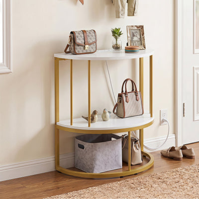 2-Tier Half Moon Console Table with Power Outlets and Storage Shel for Hallway-White