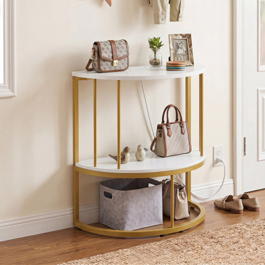 2-Tier Half Moon Console Table with Power Outlets and Storage Shel for Hallway-White
