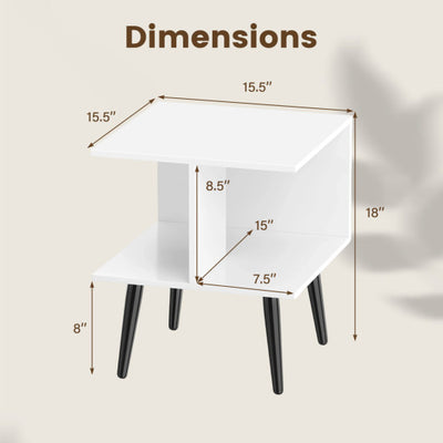2-Tier Mid Century Modern End Table with 2 Compartments and Metal Legs-White