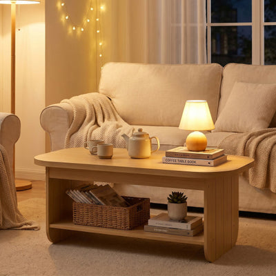 2-Tier Oval Coffee Table for Living Room Mid Century Center Table with Bottom Storage Shelf-Natural