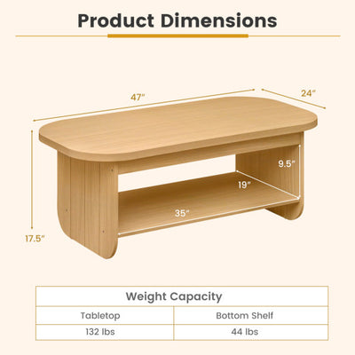 2-Tier Oval Coffee Table for Living Room Mid Century Center Table with Bottom Storage Shelf-Natural