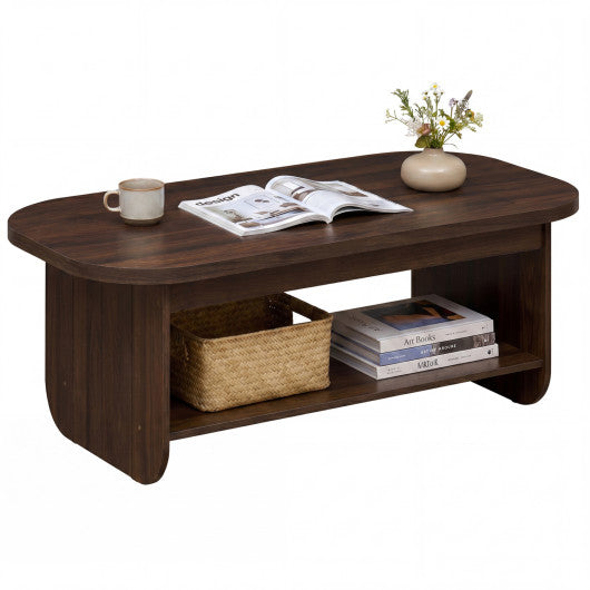 2-Tier Oval Coffee Table for Living Room Mid Century Center Table with Bottom Storage Shelf-Walnut