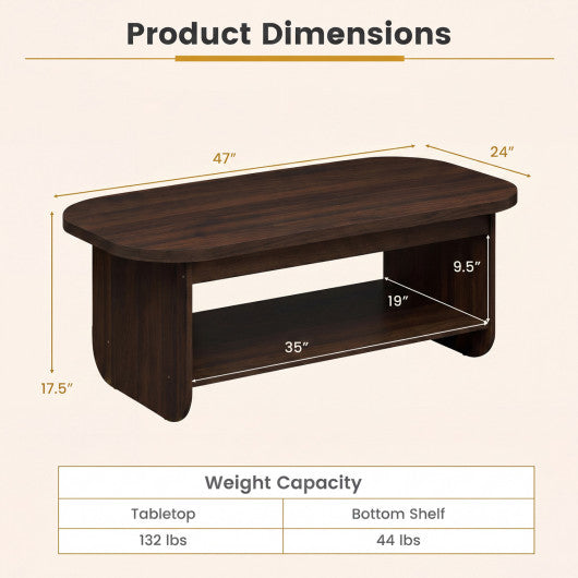2-Tier Oval Coffee Table for Living Room Mid Century Center Table with Bottom Storage Shelf-Walnut