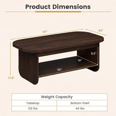 2-Tier Oval Coffee Table for Living Room Mid Century Center Table with Bottom Storage Shelf-Walnut