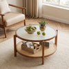 2-Tier Rattan Coffee Table with Frosted Tempered Glass Top and Wood Legs-Walnut