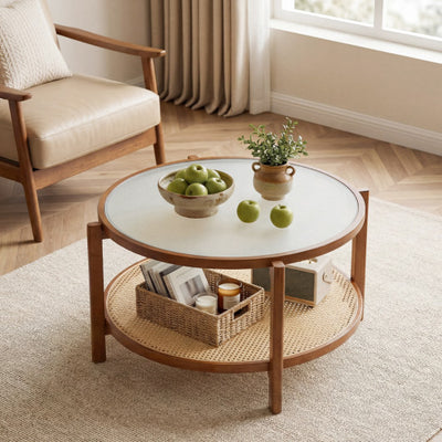 2-Tier Rattan Coffee Table with Frosted Tempered Glass Top and Wood Legs-Walnut