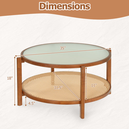 2-Tier Rattan Coffee Table with Frosted Tempered Glass Top and Wood Legs-Walnut