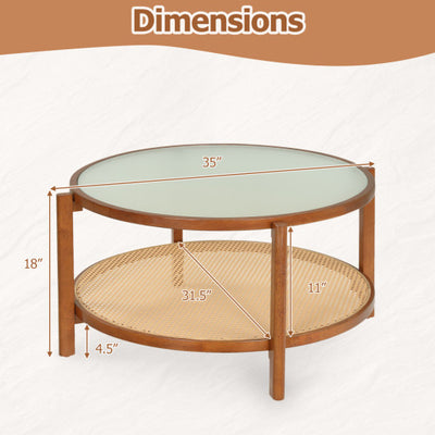 2-Tier Rattan Coffee Table with Frosted Tempered Glass Top and Wood Legs-Walnut