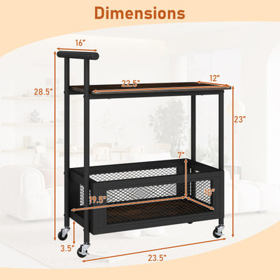 2-Tier Rolling End Table with Handle and Mesh Basket-Rustic Brown