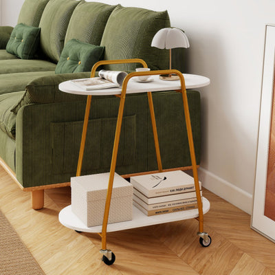 2-Tier Rolling End Table with Faux Marble Surfaces for Small Spaces-White