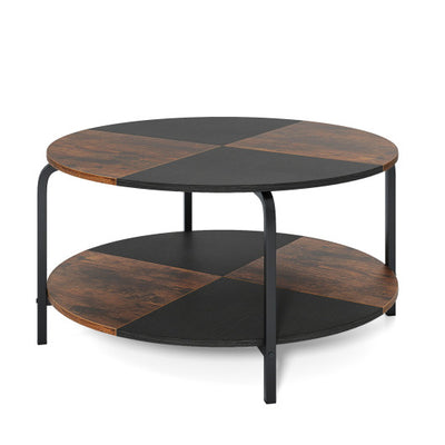 2-Tier Round Coffee Table Metal Frame with Storage Shelf-Rustic Brown